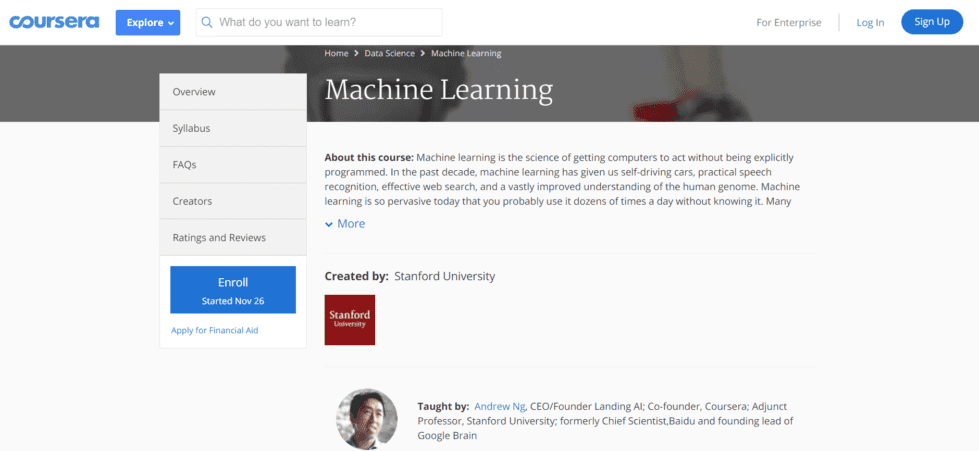 Stanford University’s Machine Learning Certification